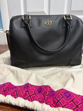 Tory Burch Black Leather Dome Satchel with Gold Hardware